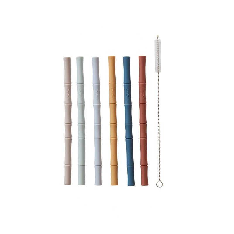 Bamboo Silicone Straw - Pack of 6 - Caramel / Blue